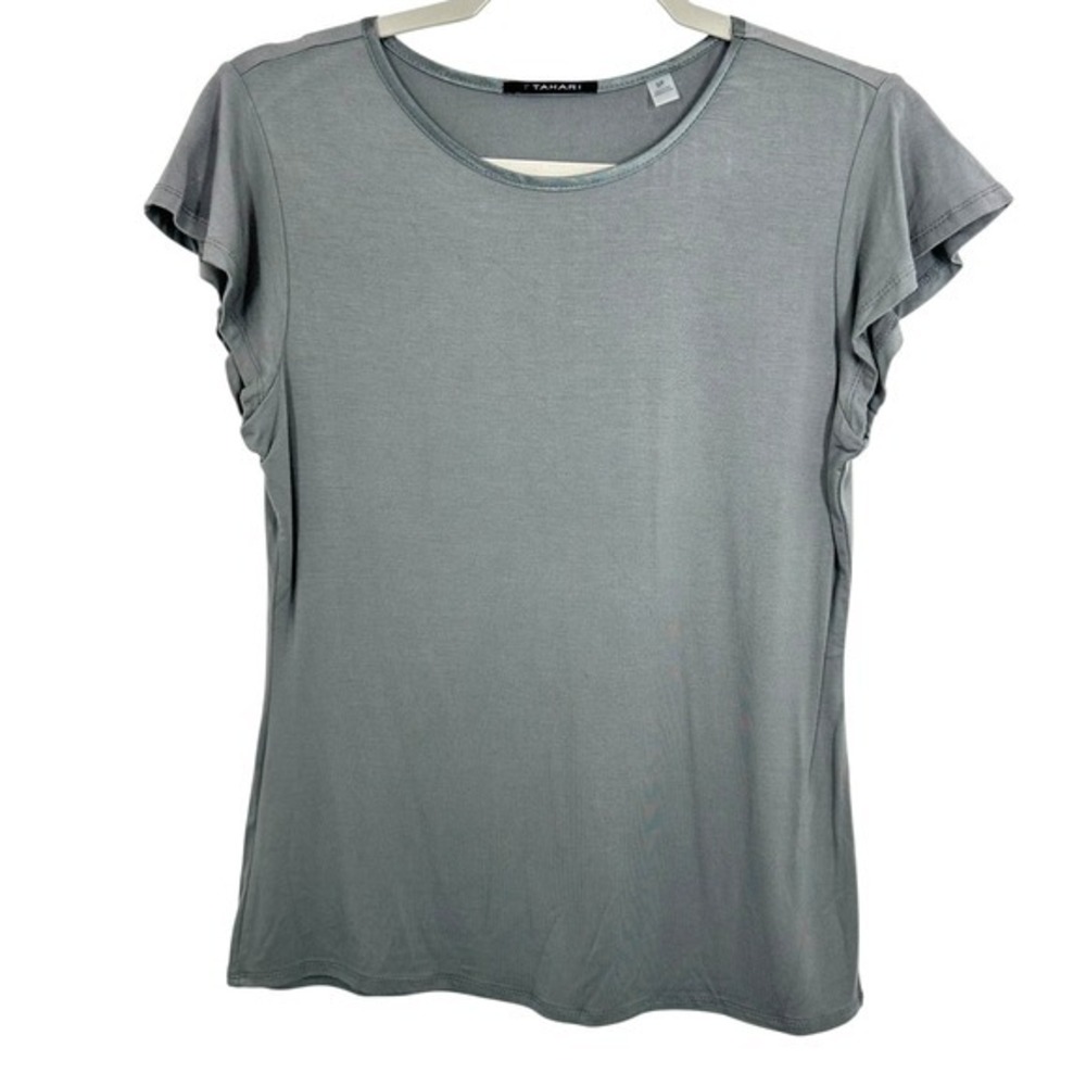 Tahari Green Gray Flutter Sleeve Crew Neck‎ Shirt Top Size Small NWOT